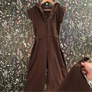Vintage 60s 70s Sleeveless Brown Hooded Jumpsuit with floral and Toggle Detail